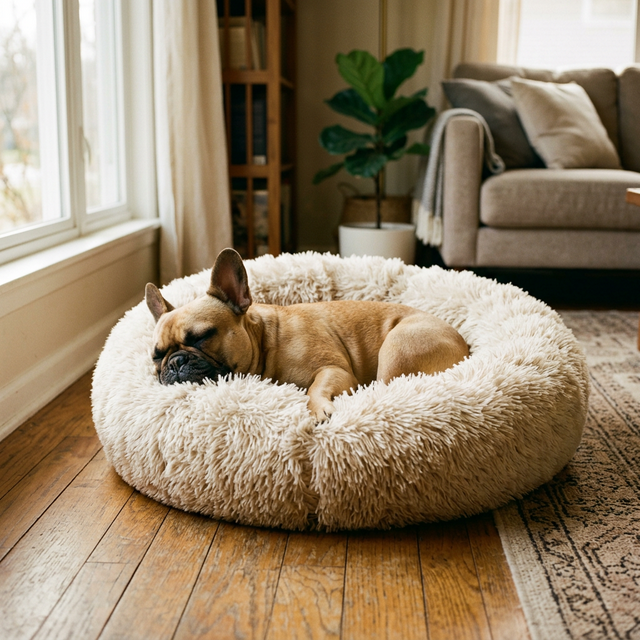 French Bulldog curled up asleep in a round cream shaggy calming donut bed by a window, calm sleeping posture, warm afternoon light