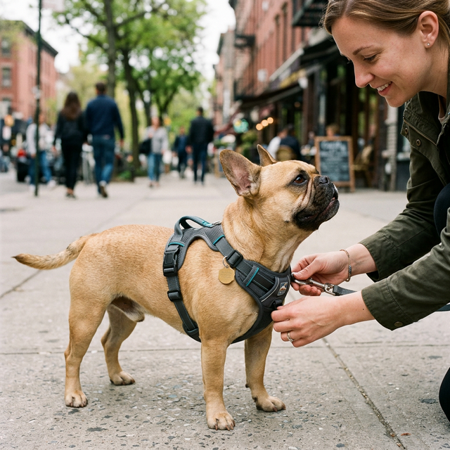 French Bulldog wearing well-fitted front-clip harness on sidewalk, owner adjusting chest strap