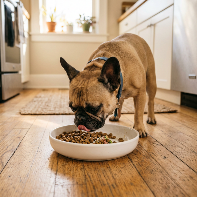 French Bulldog eating from a shallow wide white ceramic bowl on a wooden kitchen floor, face clearly visible above bowl rim, natural light