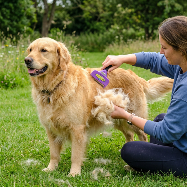 Person using a FURminator deshedding tool on a golden retriever, large clump of undercoat fur visible