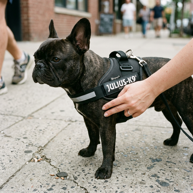 Julius-K9 IDC black powerharness on a brindle French Bulldog on a city sidewalk, owner checking two-finger fit under chest strap