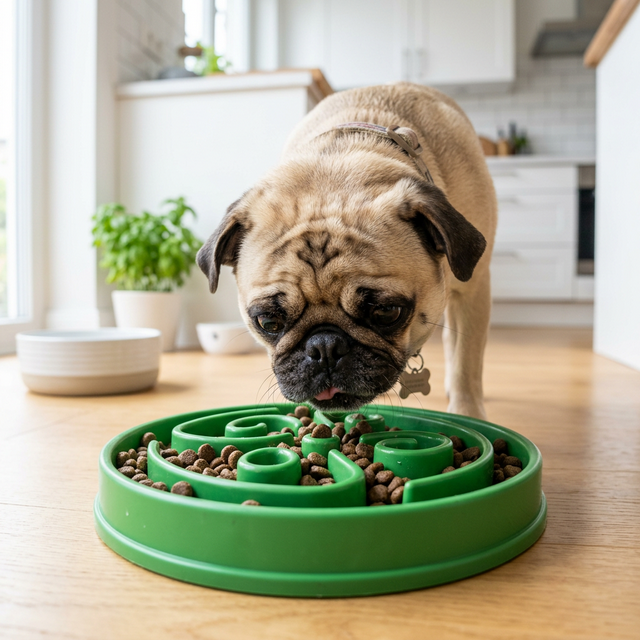 Pug dog eating from a green slow feeder puzzle bowl, flat face visible above the low ridges